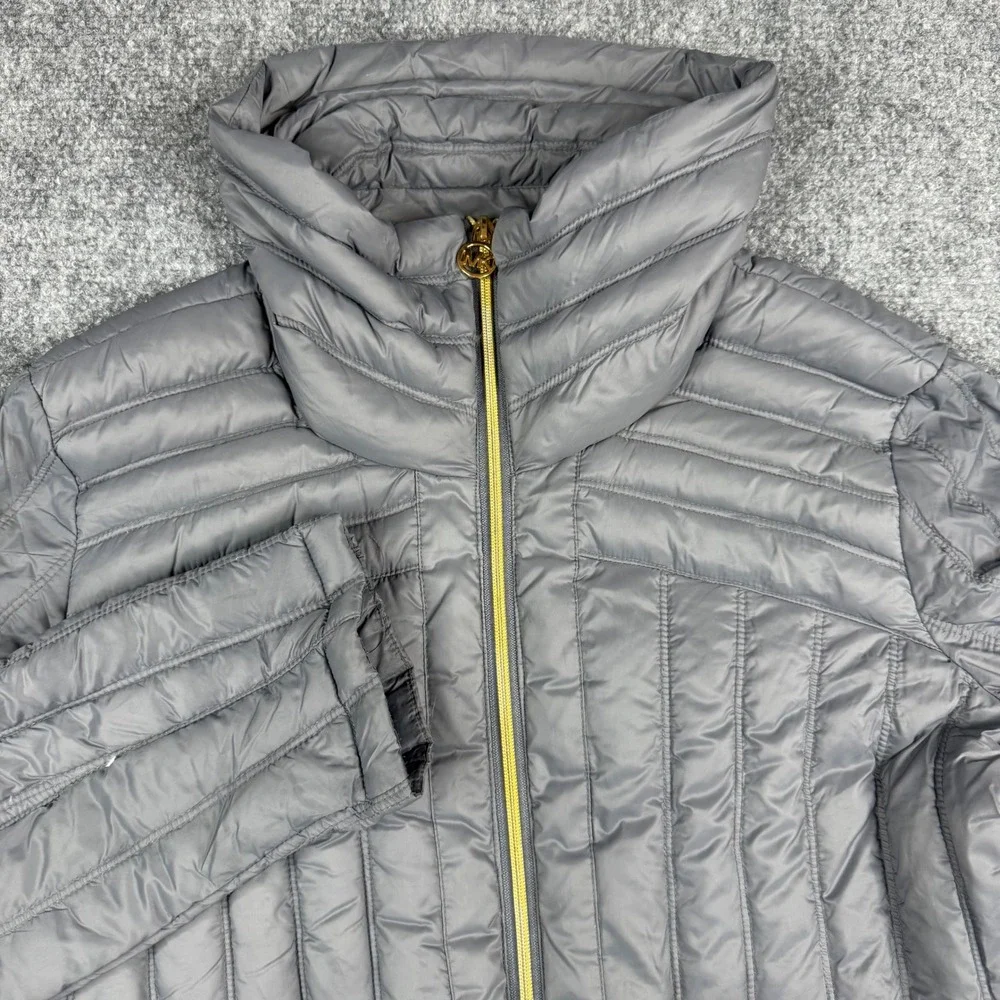 Michael Kors Down Puffer Jacket Women Large Gray Packable Gold Zip Funnel Neck